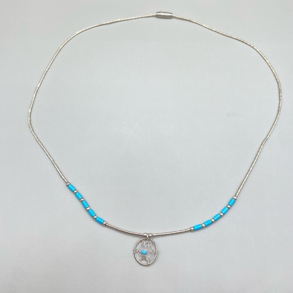 Vintage Liquid Silver Blue Bead Dreamcatcher Necklace - Picture 2 of 5